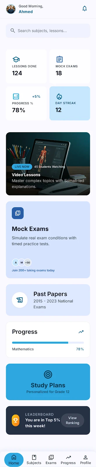 Qalinkoob app home screen showing lessons completed, mock exams taken, progress percentage and day streak