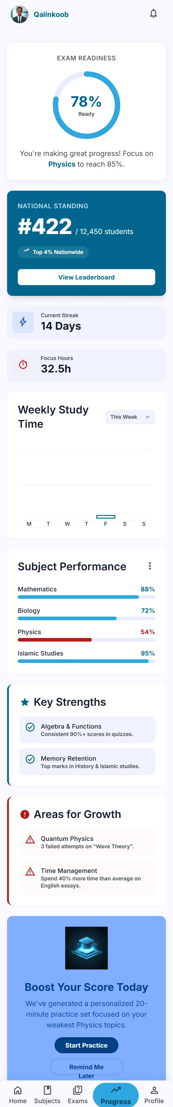 Qalinkoob progress screen showing a 78 percent exam readiness ring and subject performance bars